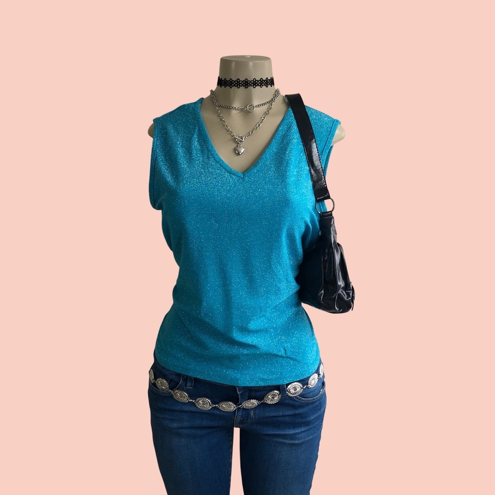 Vintage Y2K Metallic Glitter Knit Tank Top Womens L Aqua Blue V Neck McBling